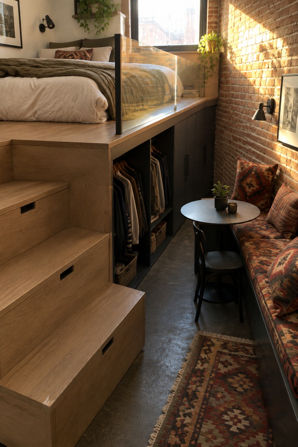 A compact bedroom with a loft bed above wooden stairs that have built-in drawers, an open closet area beneath the bed, and a seating nook against an exposed brick wall.