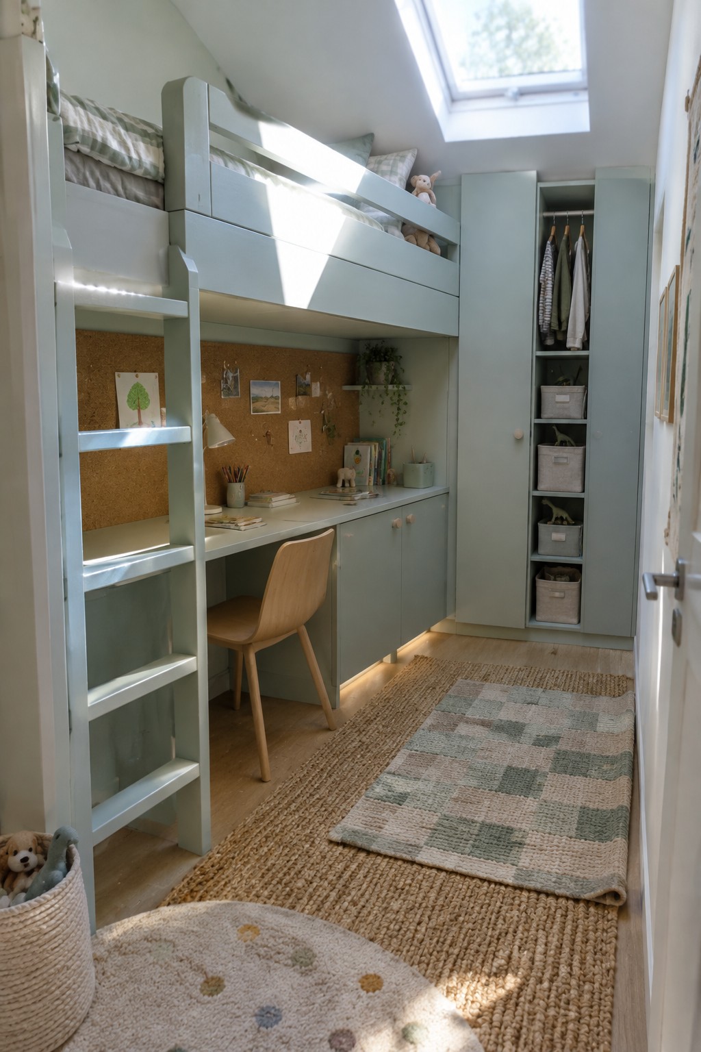 A small bedroom with a light green loft bed positioned over a built-in desk and chair, with storage cabinets and a woven rug visible on the floor.