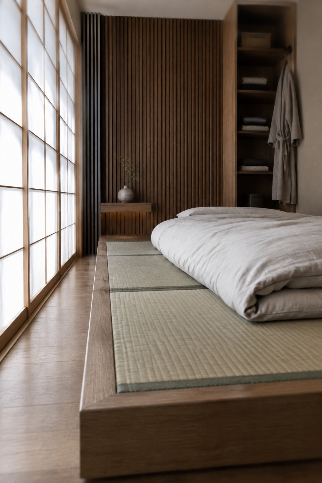 A low wooden platform bed with white bedding rests on tatami mats in a minimalist room with shoji screens on the left and built-in wooden shelving on the right.