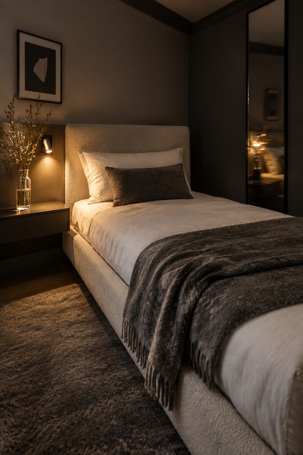 A narrow bedroom featuring a bed with a textured headboard placed along the wall, white bedding, one nightstand with a glass vase, wall sconce lighting, and a large dark rug covering the floor.