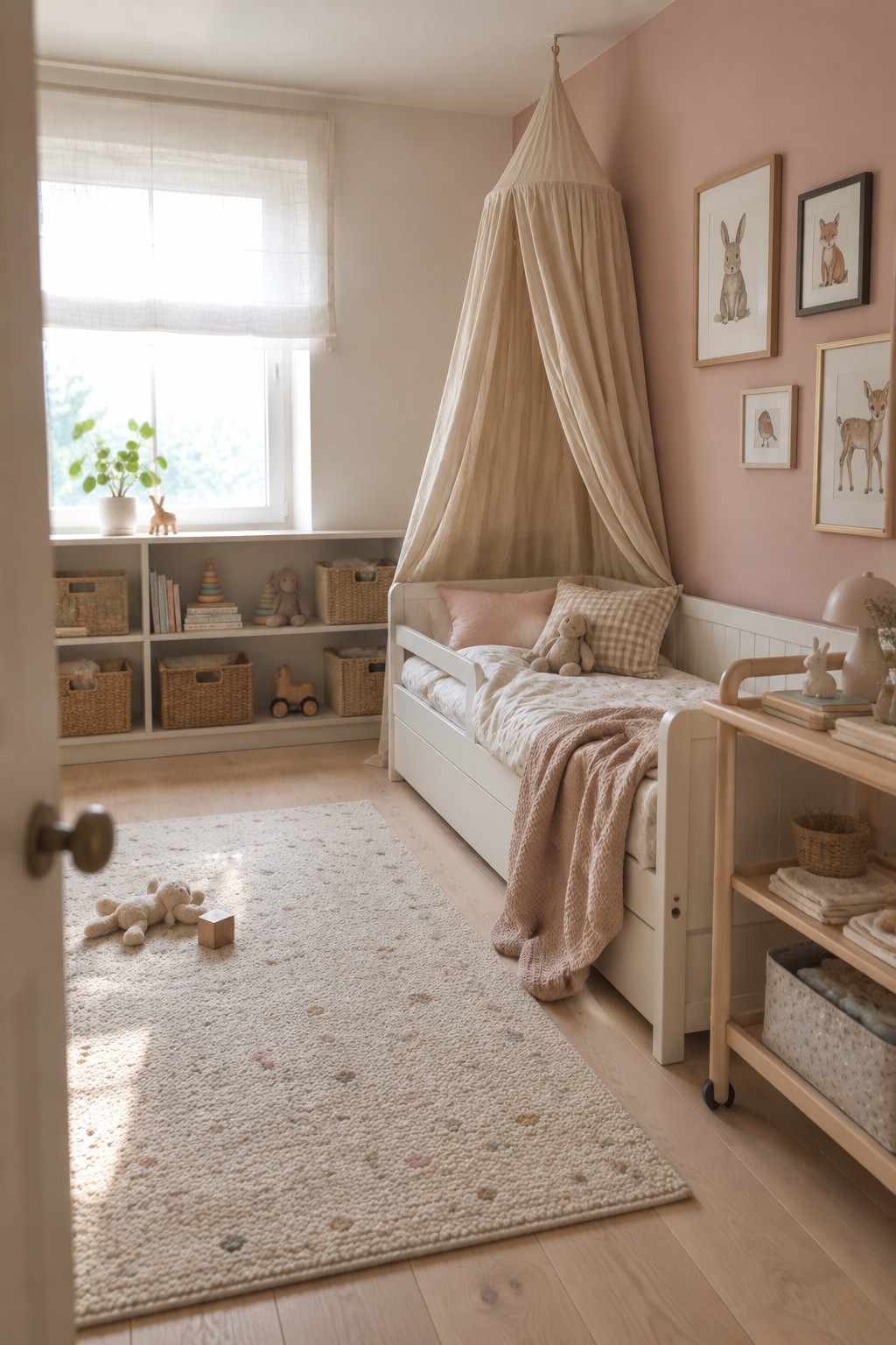 A small bedroom with a white bed under a beige fabric canopy, pink walls with framed animal prints, low storage shelves under a window, and a large light rug on wooden flooring.