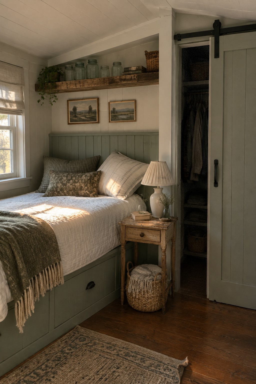 A small bedroom with a bed that has under-bed storage drawers, a wooden nightstand with a lamp, an open sliding closet door, and a wooden shelf above the bed.