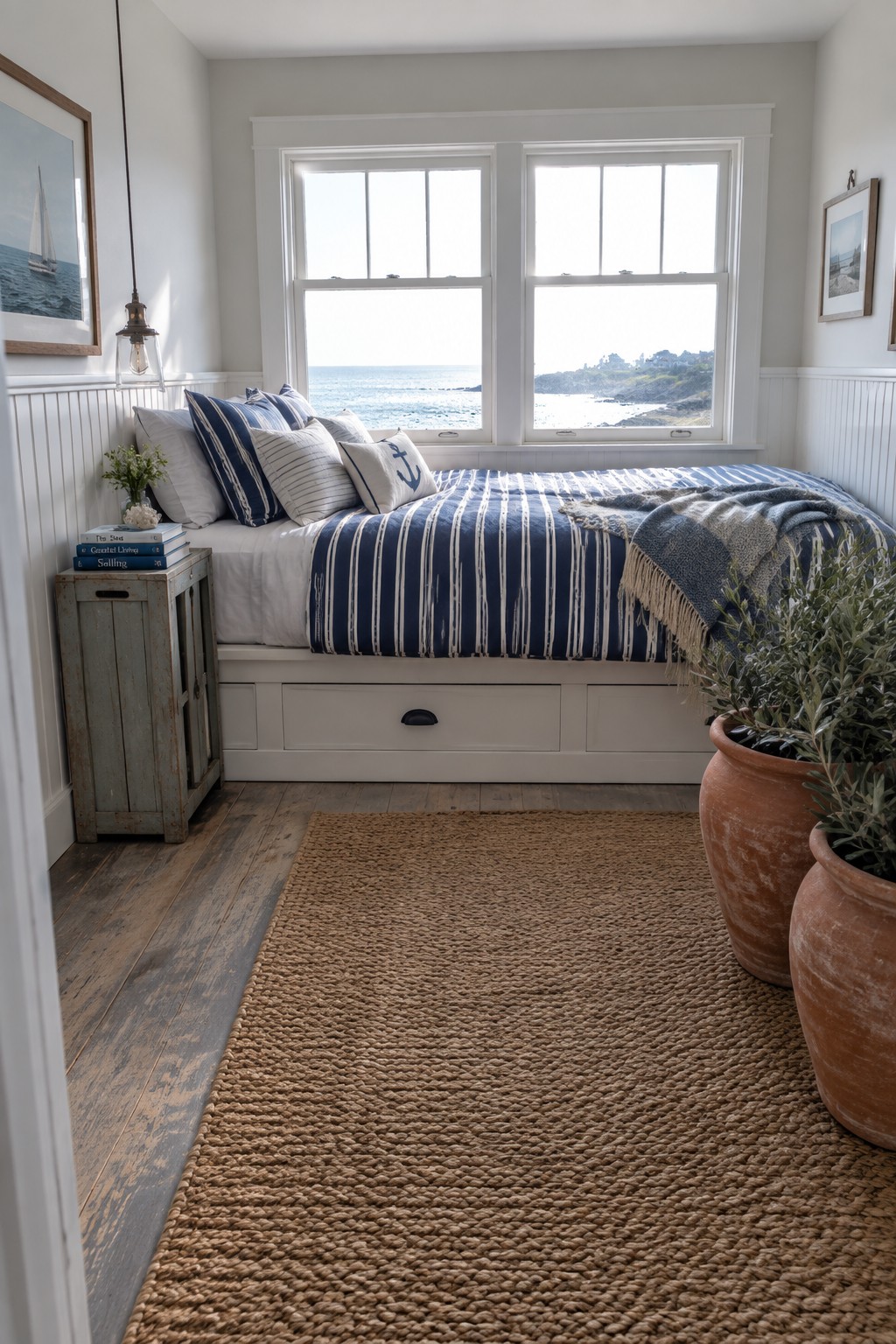 A small bedroom features a bed with blue striped bedding placed under two windows, with white storage drawers built into the base below.