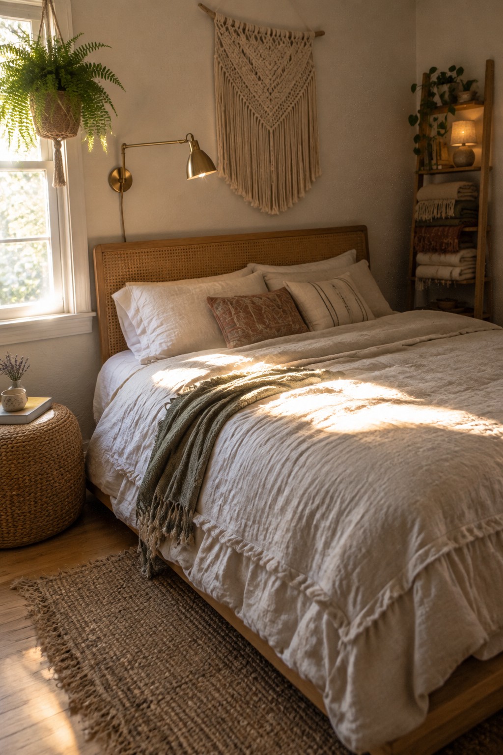 A bedroom with a wooden bed frame and cane headboard, white bedding, a wall-mounted brass sconce, a hanging fern by the window, a woven pouf, and a leaning wooden ladder shelf holding folded textiles.