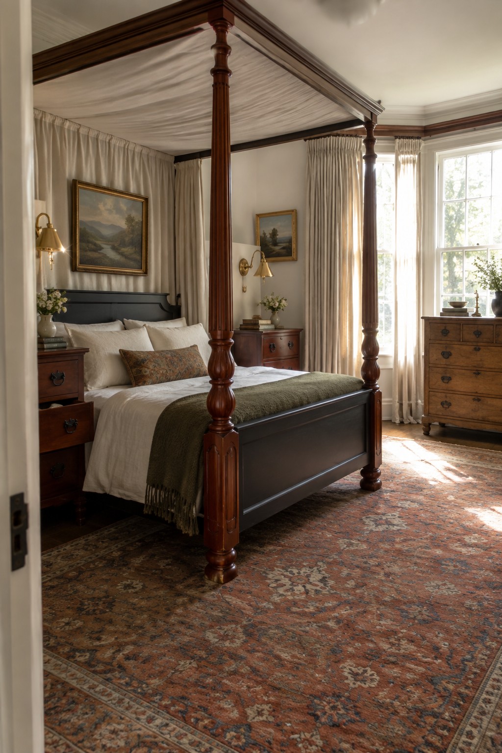 Elegant four-poster canopy bed with white linens in a sunlit traditional bedroom with patterned rug