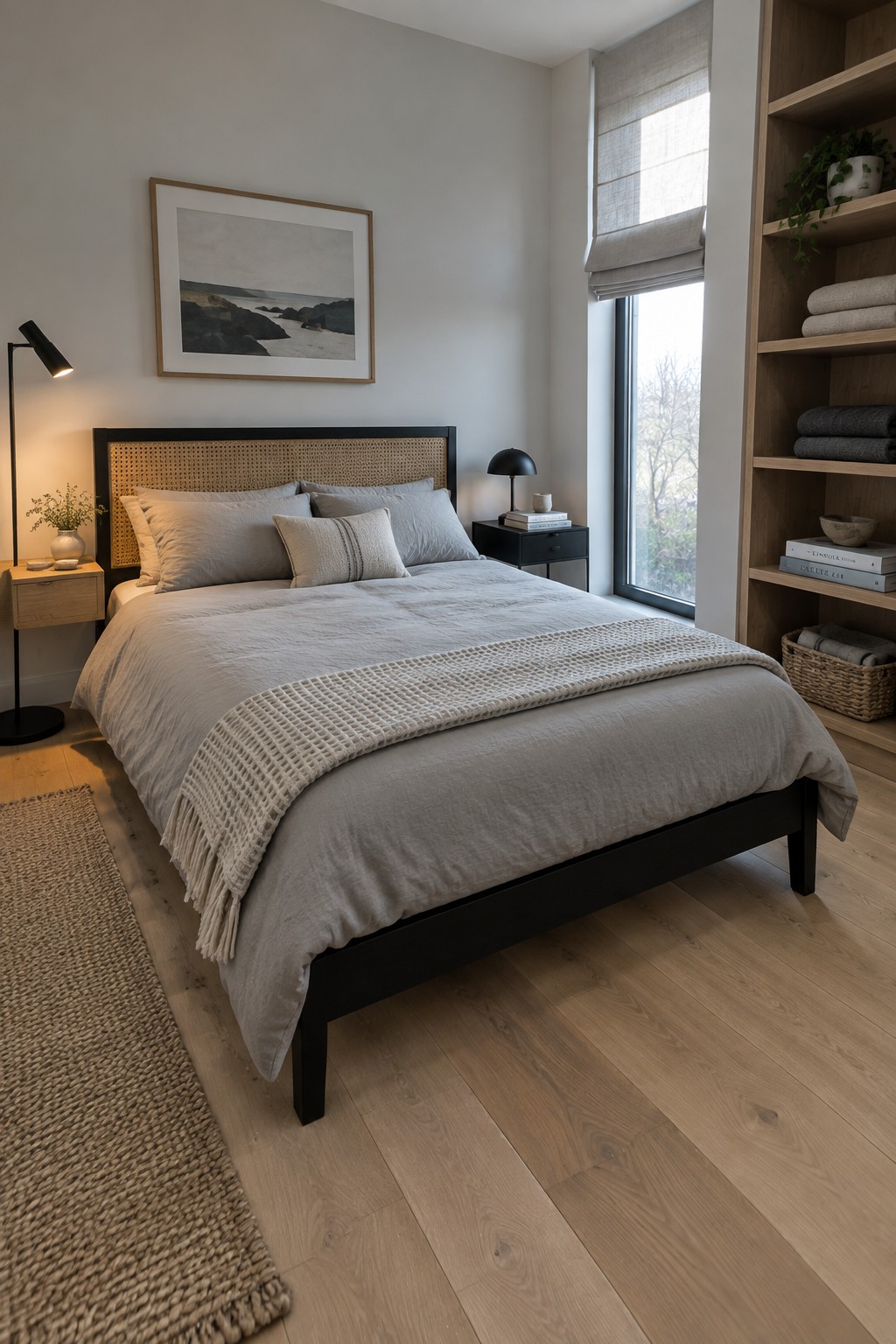 Minimalist bedroom with gray bedding, black bed frame, woven headboard, and wooden shelves.