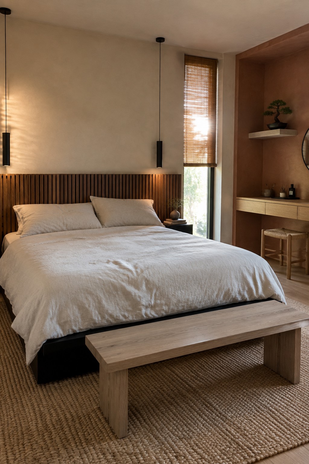 A bedroom scene showing a bed with a black frame and white linens against a vertical wood slat headboard, a light wood bench at the foot of the bed, and warm wood tones on the wall paneling and side furniture.