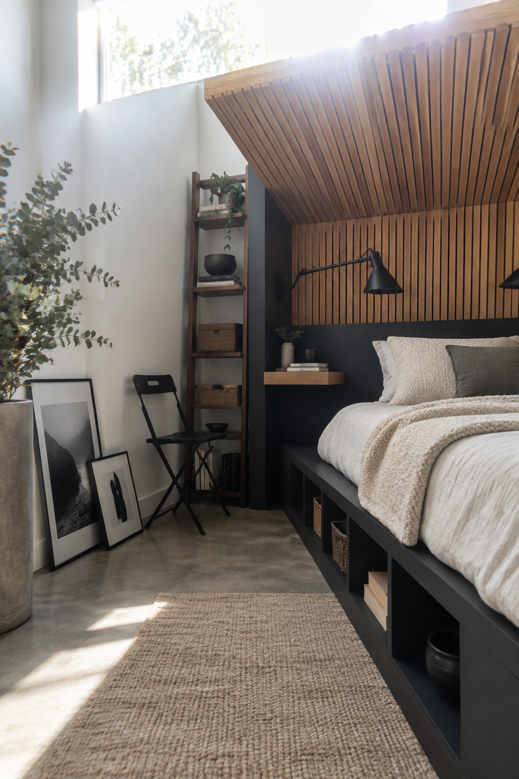Modern bedroom with black platform bed, wooden slats, built-in storage, shelves, and woven rug.