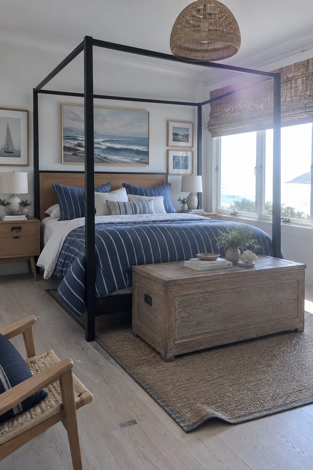 A bedroom with a black four-poster bed, blue striped bedding, wooden nightstands, a wooden chest at the foot of the bed, and a woven light fixture overhead.
