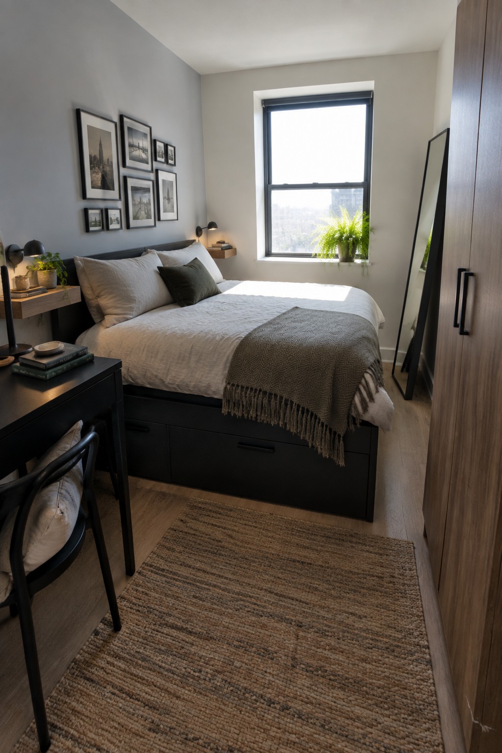 A bedroom featuring a black storage bed with white bedding, a black desk and chair, a tall wood wardrobe, and a large window above the bed.