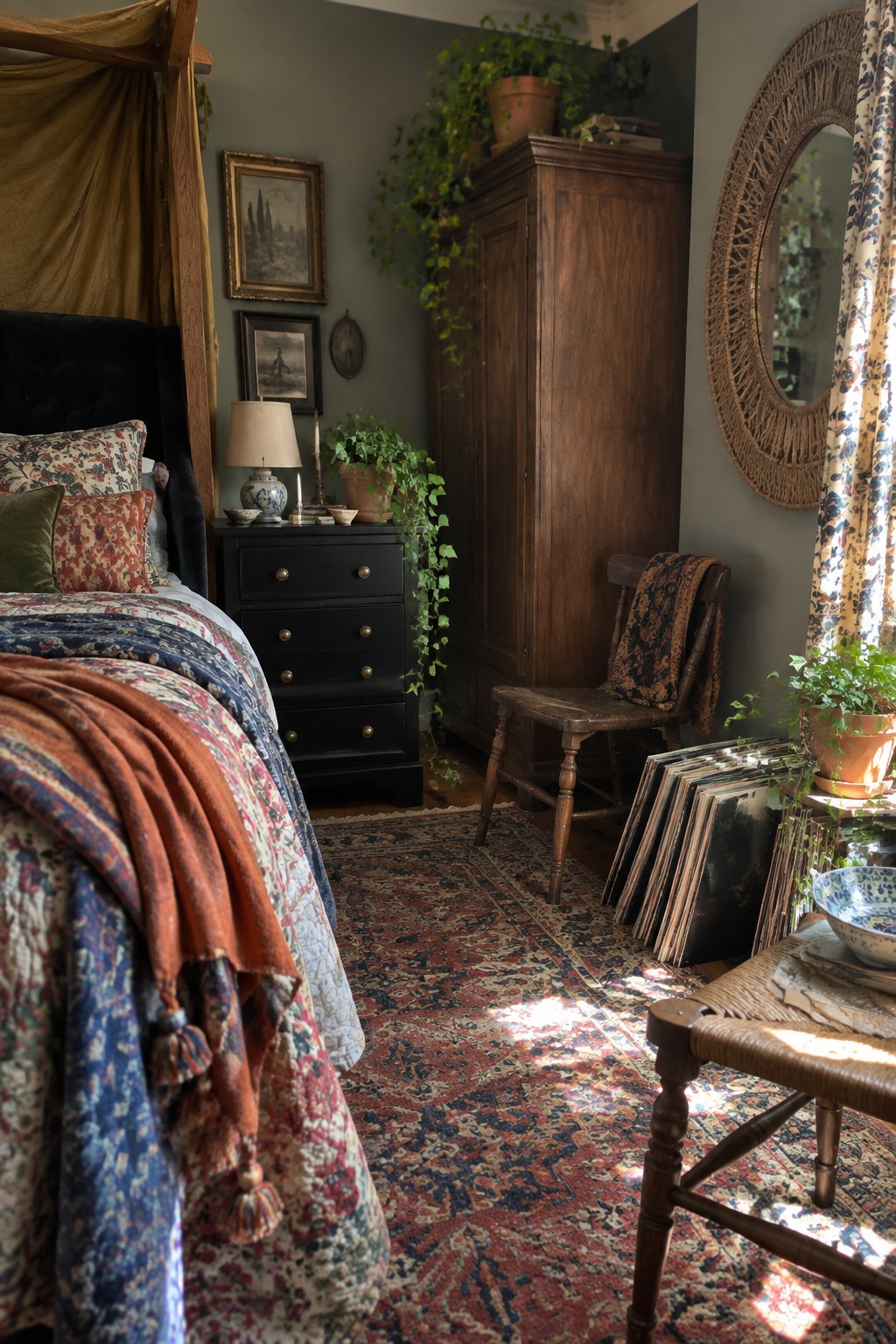 A bedroom with a black chest of drawers next to a tall wooden wardrobe, a four-poster bed with patterned bedding, a wooden chair holding records, and a large round mirror on the wall.