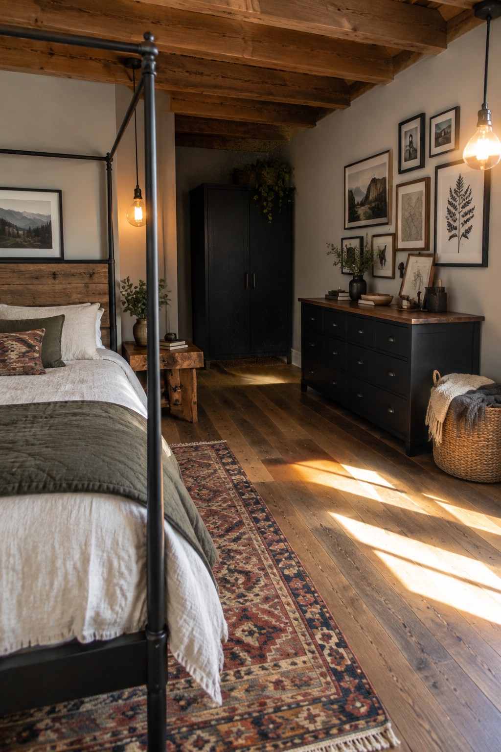 Rustic bedroom with black four-poster bed, wooden dresser, gallery wall, and sunlit floors