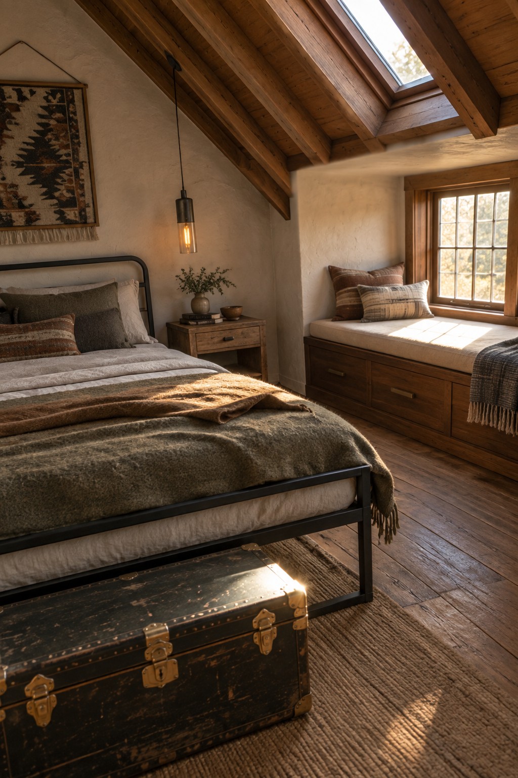 A bedroom with a black metal bed frame, wooden nightstand, dark trunk at the foot of the bed, and a wooden window seat under a slanted ceiling.