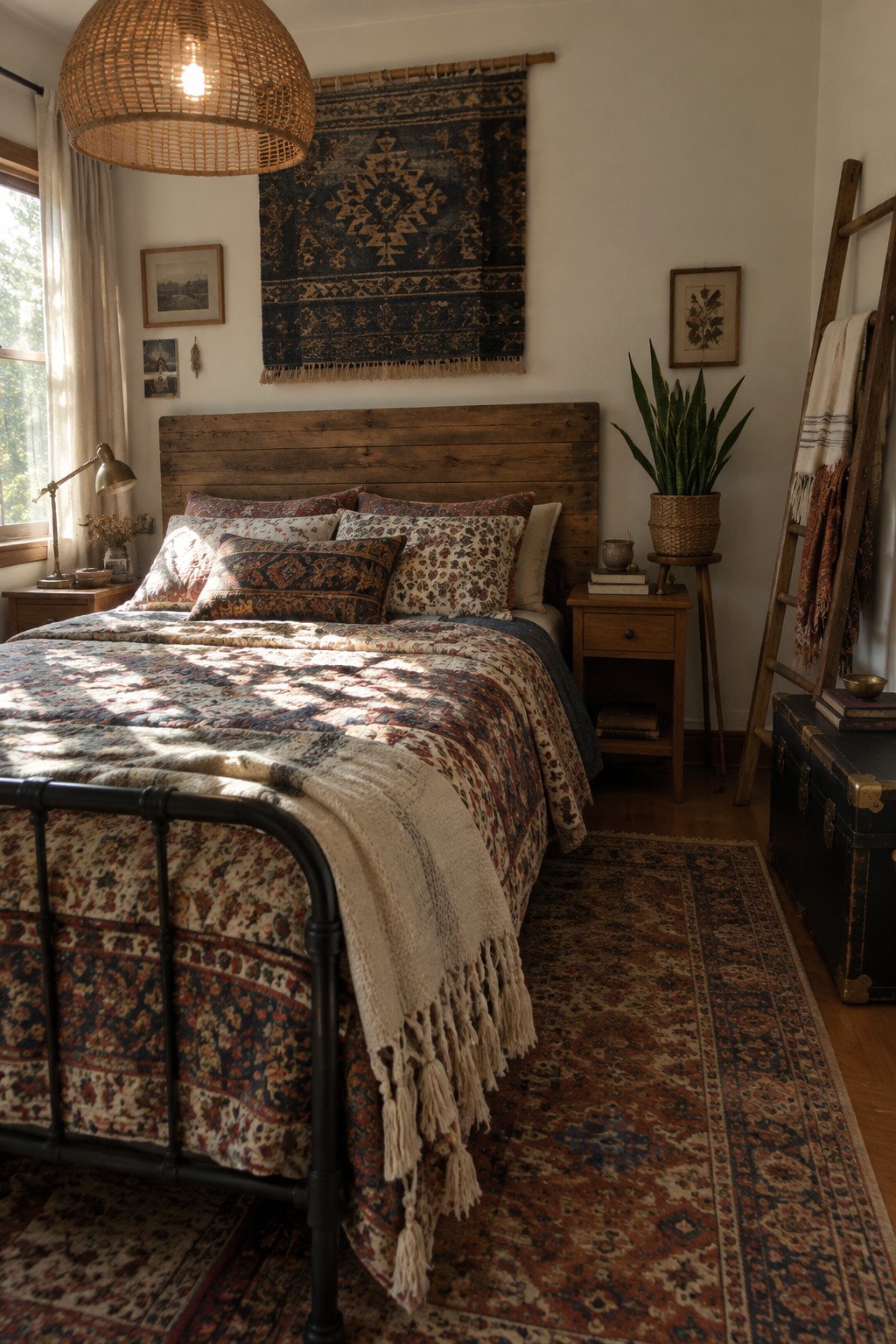 Cozy bedroom with rustic wooden bed, patterned quilt, woven lamp, and wall tapestry.