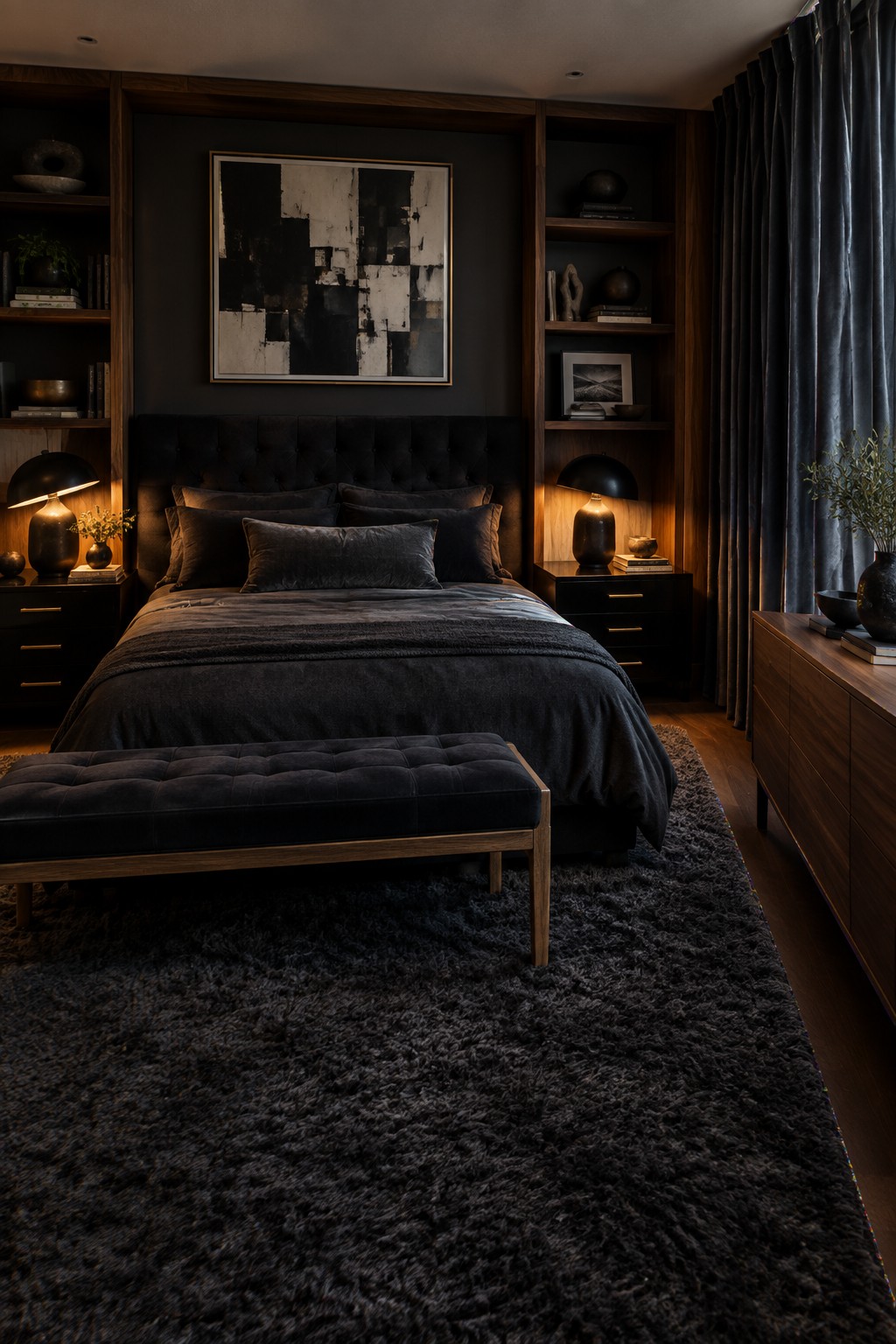 A dark bedroom featuring a black tufted bed with dark bedding, flanked by wooden built-in bookshelves, black nightstands with lamps, a black bench at the foot of the bed, and a long shaggy black rug.