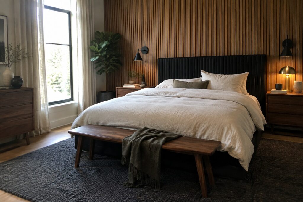 18 Black Bedroom Furniture Ideas With Warm Wood Accents Modern bedroom with cream bedding, black headboard, wooden bench, and slatted accent wall.