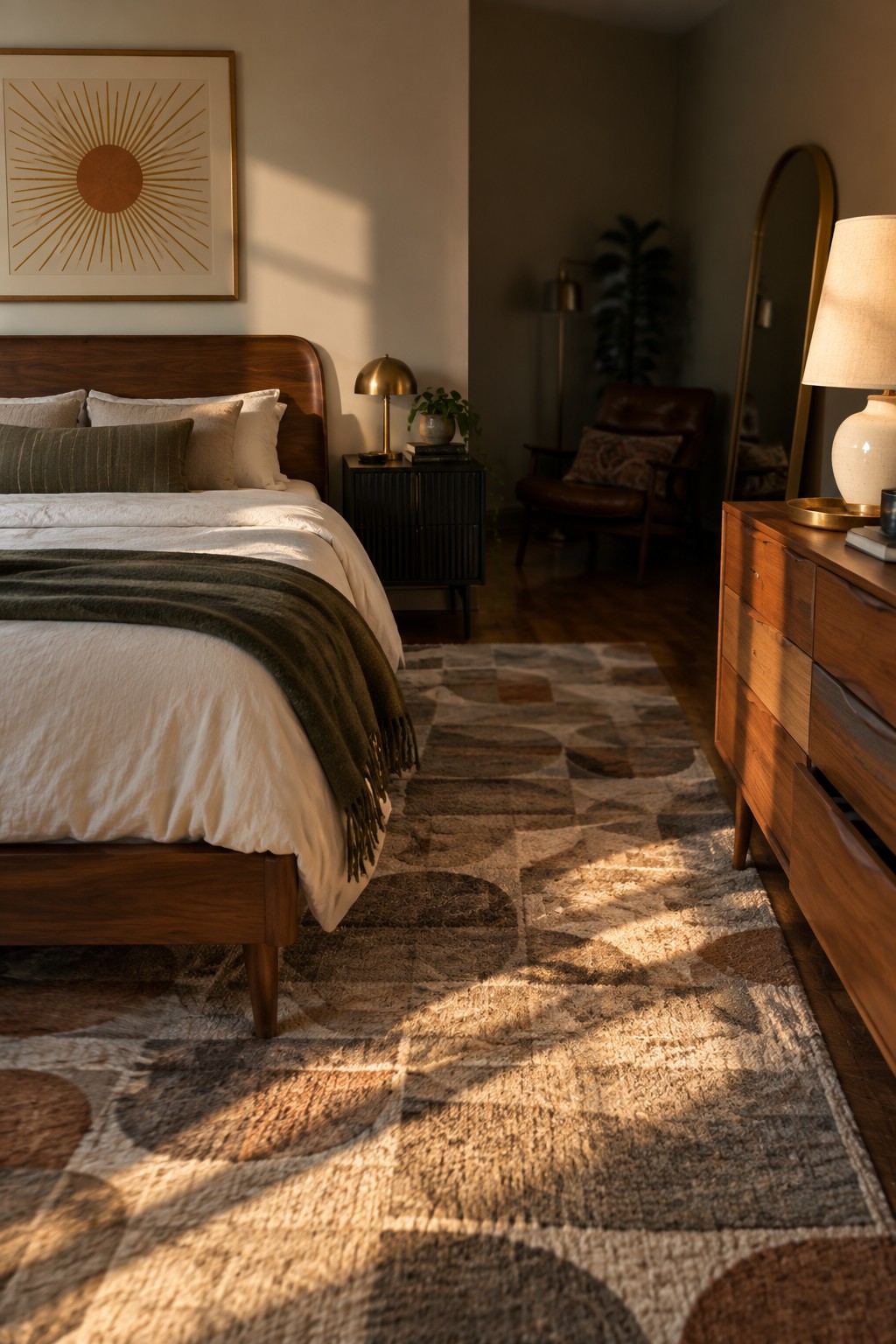 A bedroom with a wooden bed frame and white bedding, a black nightstand, a wooden dresser with a lamp, a patterned area rug, and sunlight casting shadows across the floor.