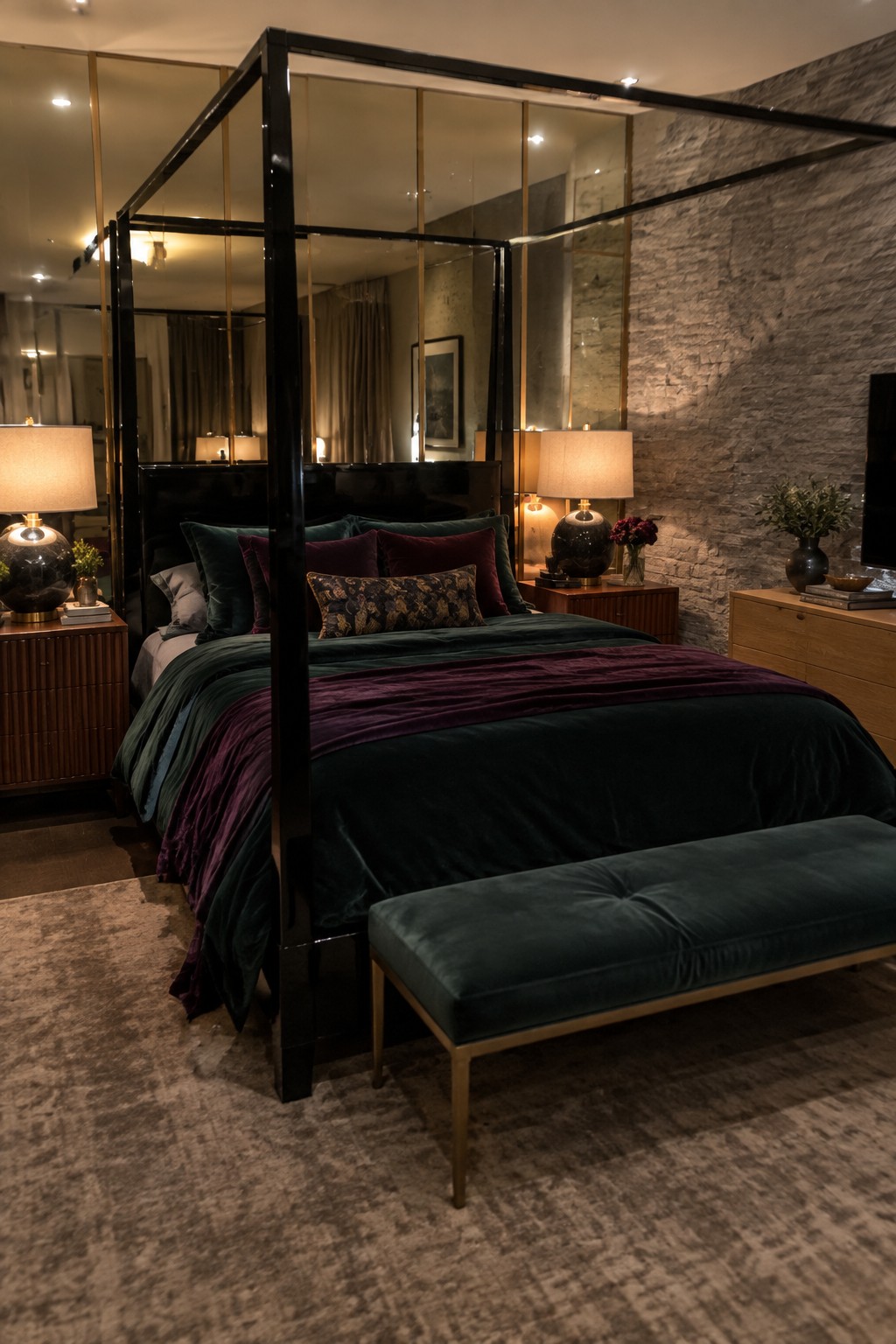 A bedroom with a black four-poster bed dressed in dark green and purple velvet, wooden nightstands on both sides, and a matching wood dresser against a stone wall.