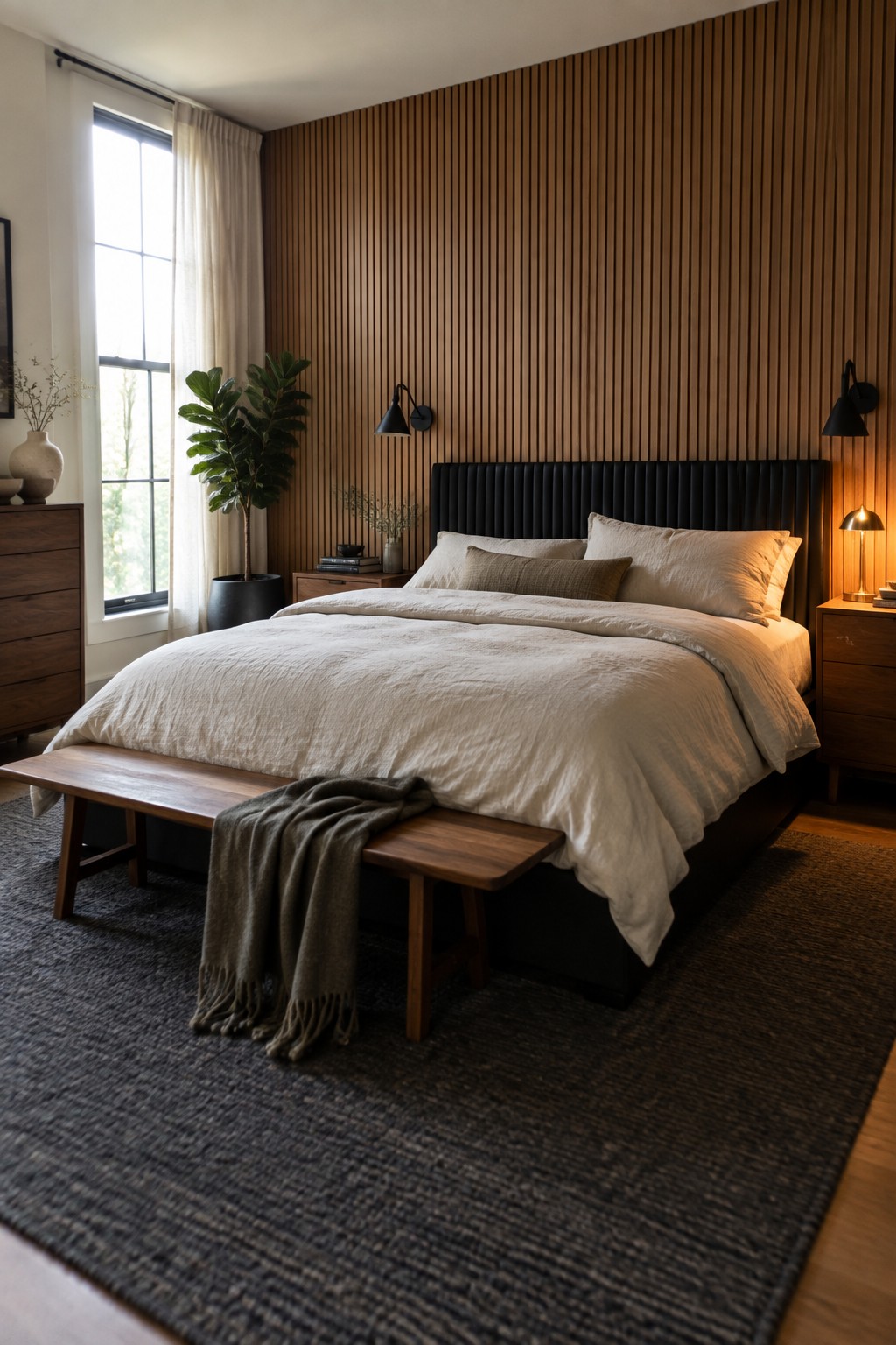 Modern bedroom with cream bedding, black headboard, wooden bench, and slatted accent wall.