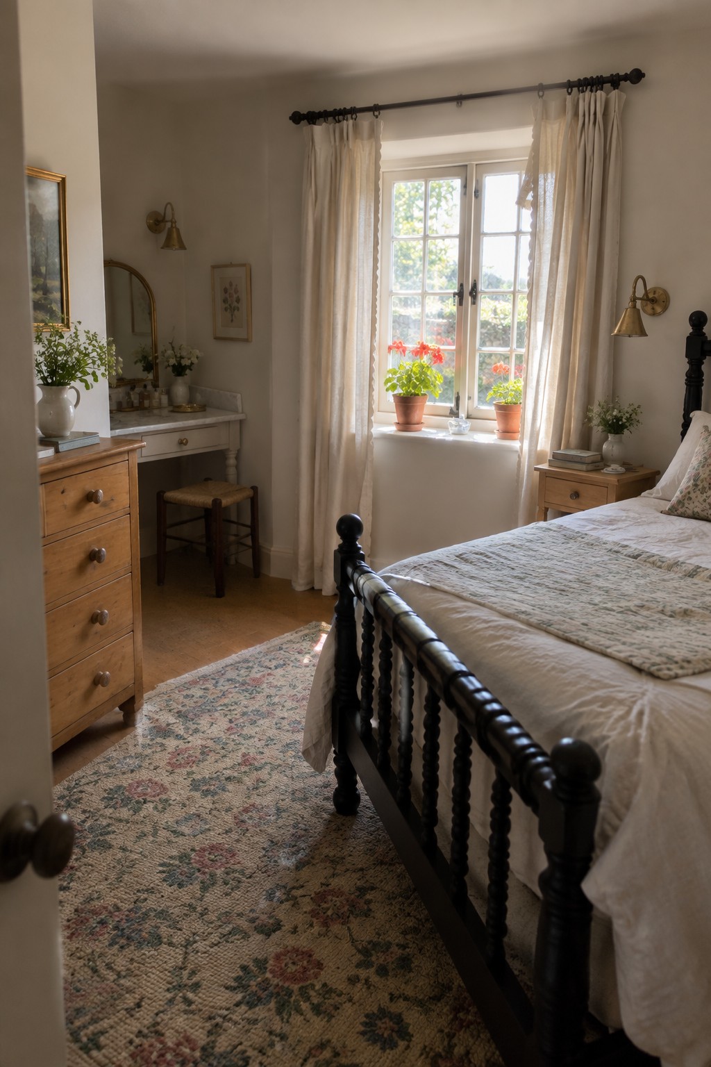 A bedroom interior showing a black wooden bed frame with white linens, a light wood dresser on the left, a wooden nightstand, and a large window with sheer curtains.