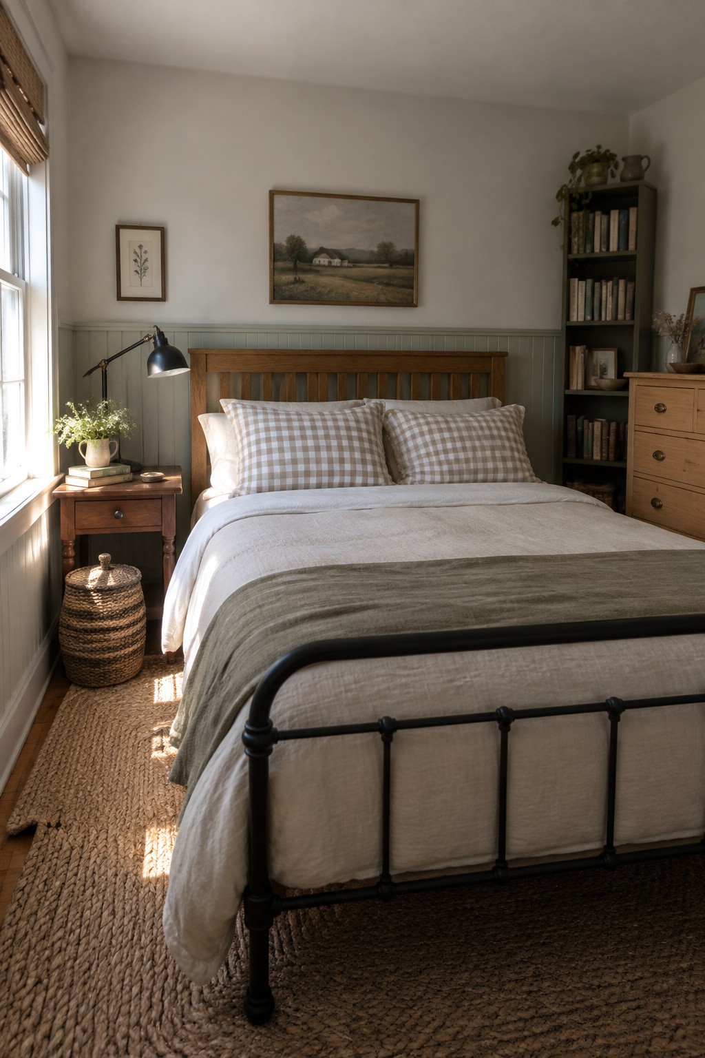 A bedroom featuring a black metal bed frame with a wooden headboard, checkered pillows, white and olive bedding, a wooden nightstand, and a tall wooden bookshelf against a light wall with green wainscoting.