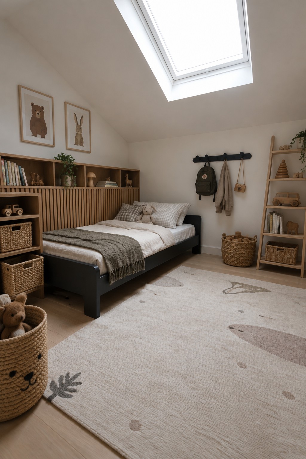 A child's bedroom with a black bed frame, wooden built-in shelving, framed animal prints on the wall, woven baskets, and a large patterned rug on light wood flooring.