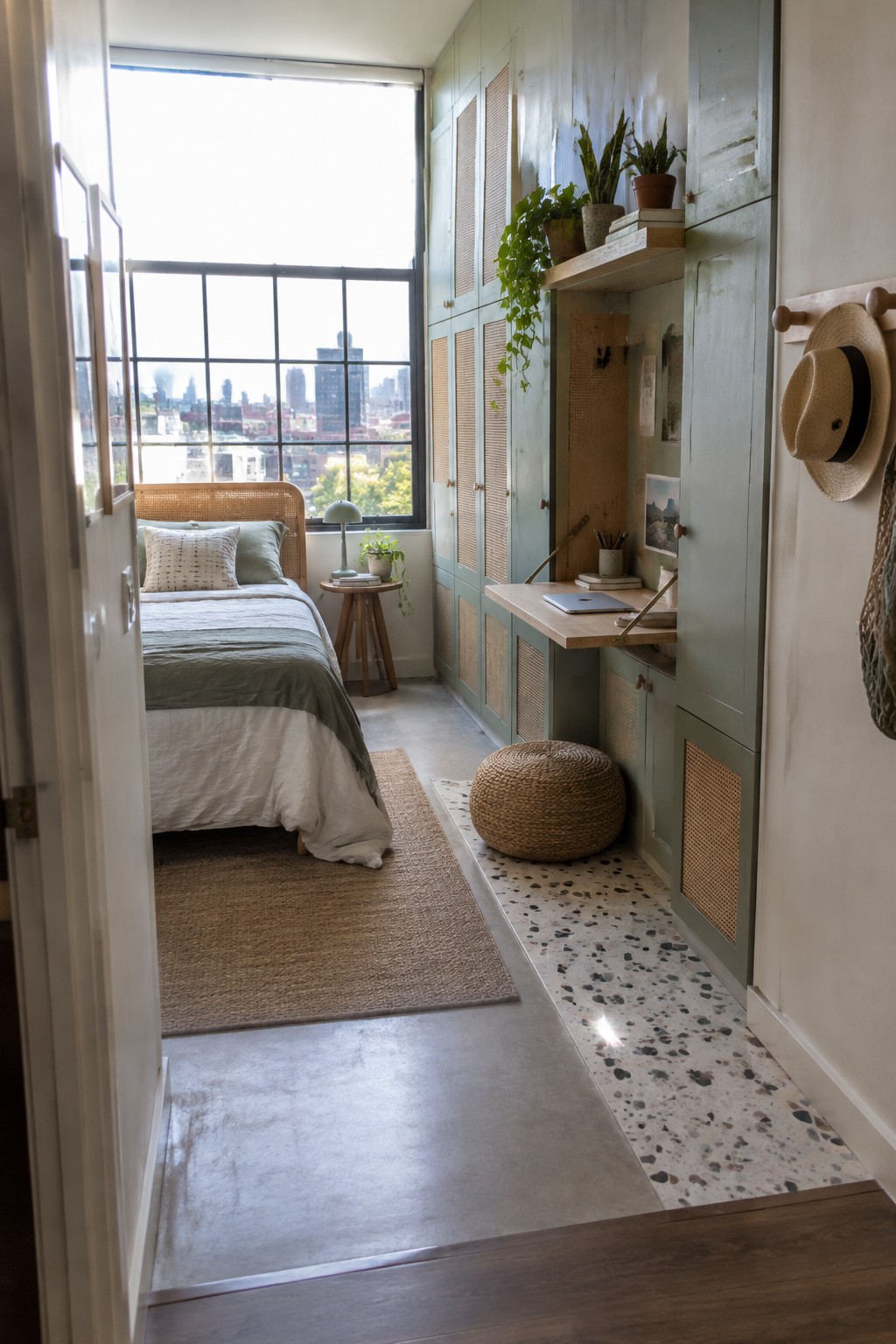 A narrow bedroom with a bed beside a large window and floor-to-ceiling built-in cabinets painted green with cane panel doors.