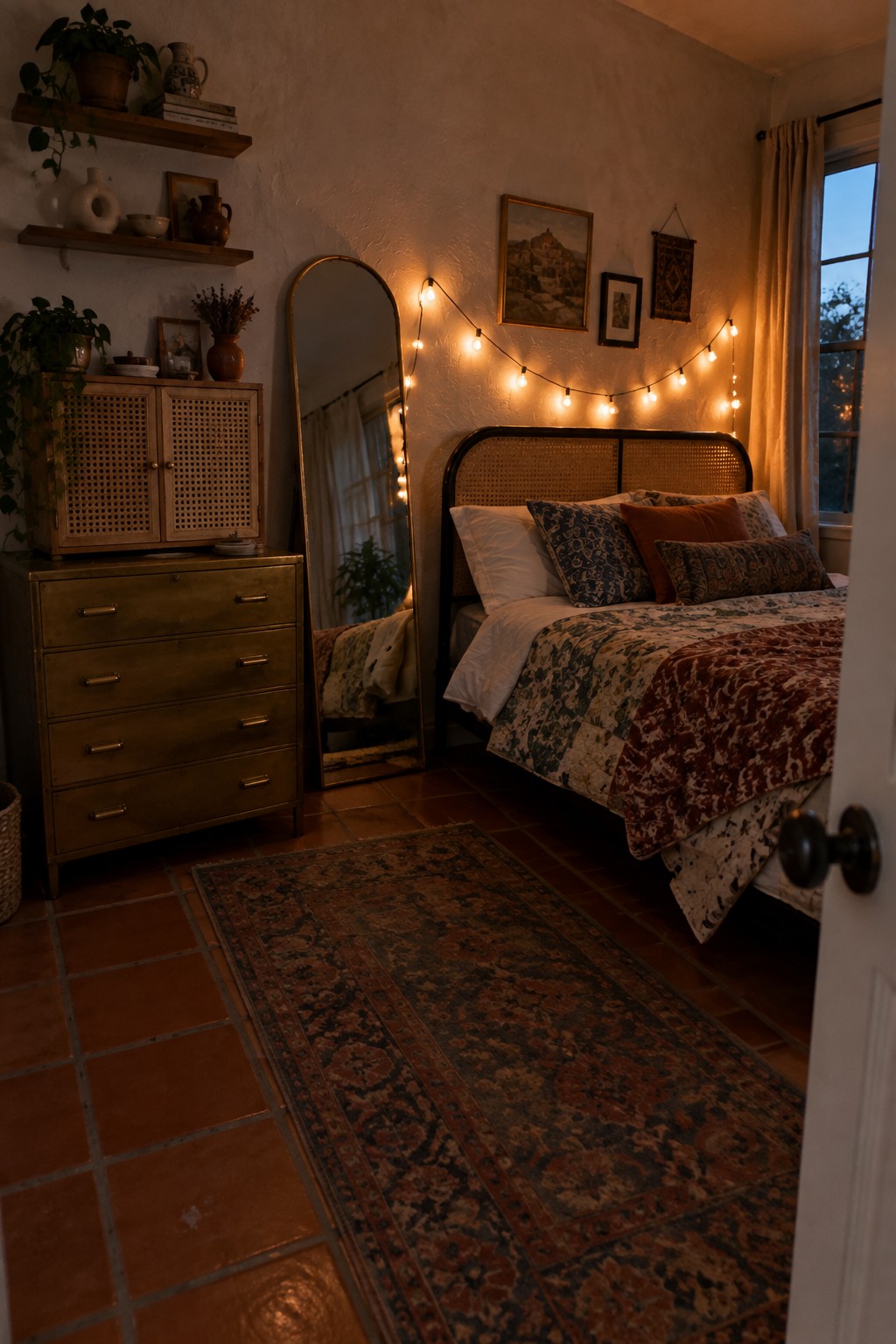 A bedroom with a cane headboard bed, brass cabinet with cane door panels, full-length mirror, string lights on the wall, and a patterned rug over terracotta tile floor.
