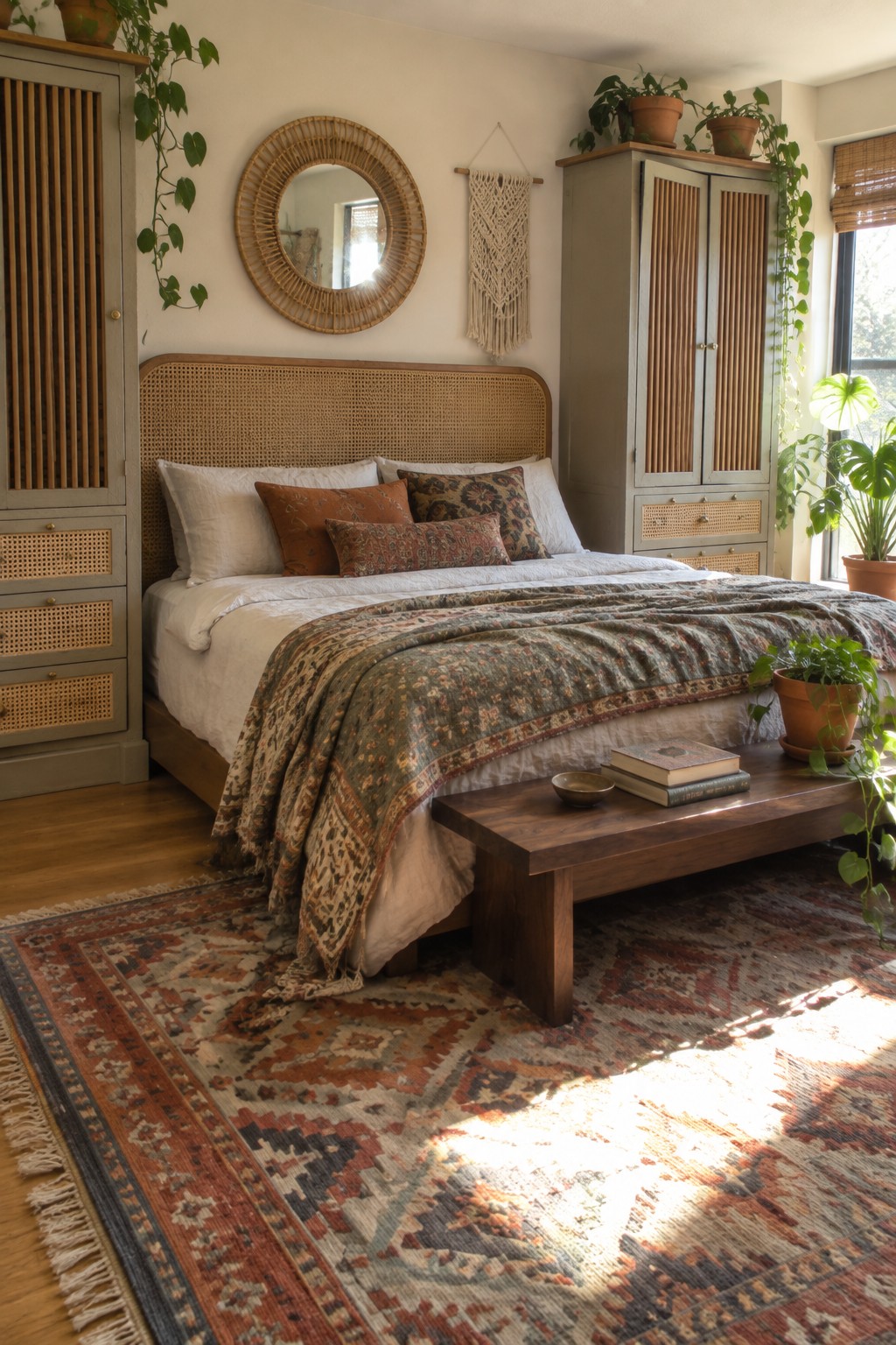 Sunlit boho bedroom with rattan headboard, patterned rug, wooden bench, and houseplants.