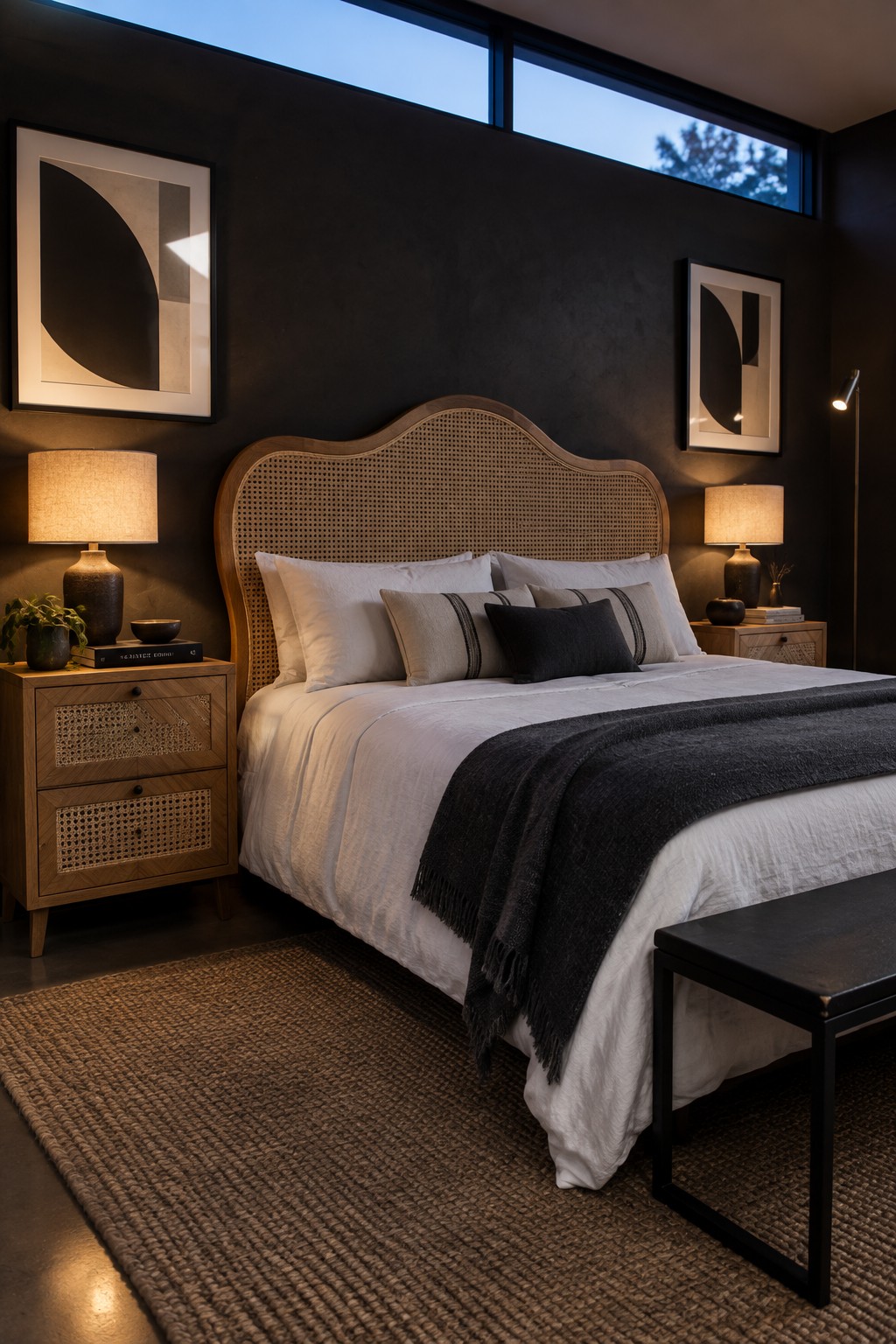 Modern bedroom with cane headboard, white linens, dark walls, and woven rug