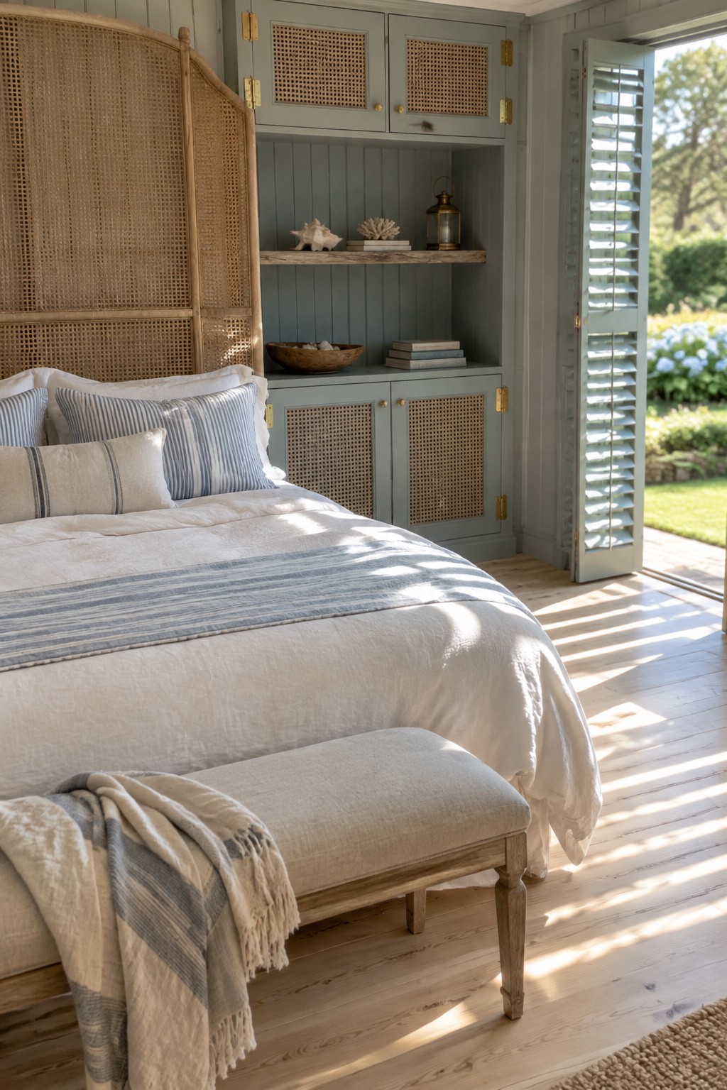 A bedroom with a cane headboard bed beside built-in sage green cabinets that feature cane panels on the doors.
