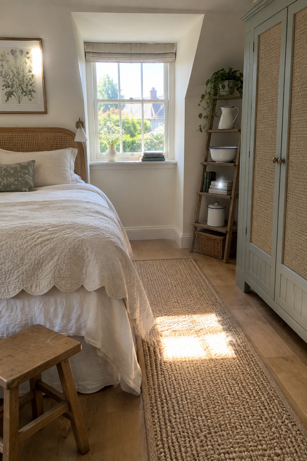A bright bedroom with a cane headboard bed, white bedding, a wooden stool, and a light green wardrobe with woven cane panels beside a window.