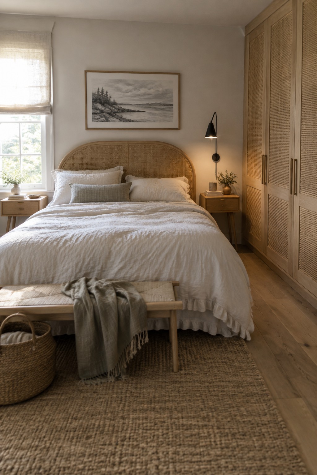 A bedroom with a tall light wood wardrobe featuring woven cane door panels positioned next to a bed with white linens and a woven headboard.