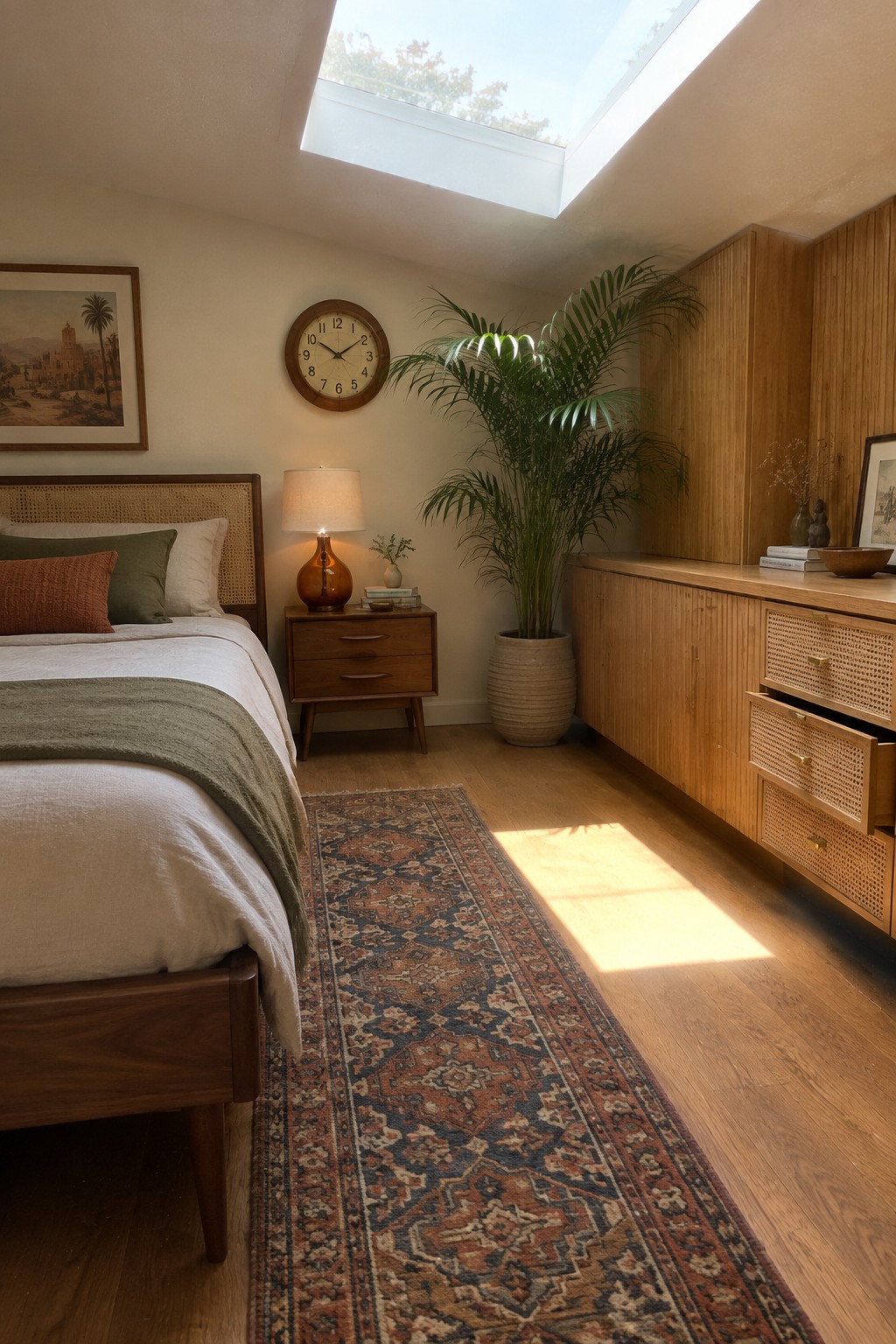 A bedroom with a wooden bed, nightstand, large wooden storage cabinet with cane-front drawers, potted palm plant, and patterned rug on hardwood flooring.