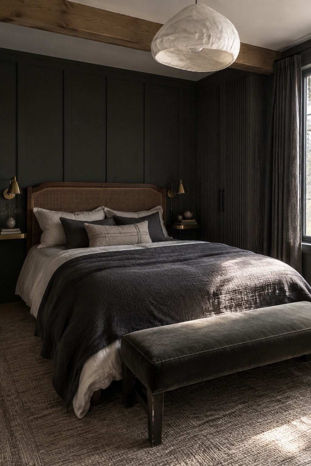 Moody dark bedroom with cane headboard bed, velvet bench, pendant light, and woven rug.