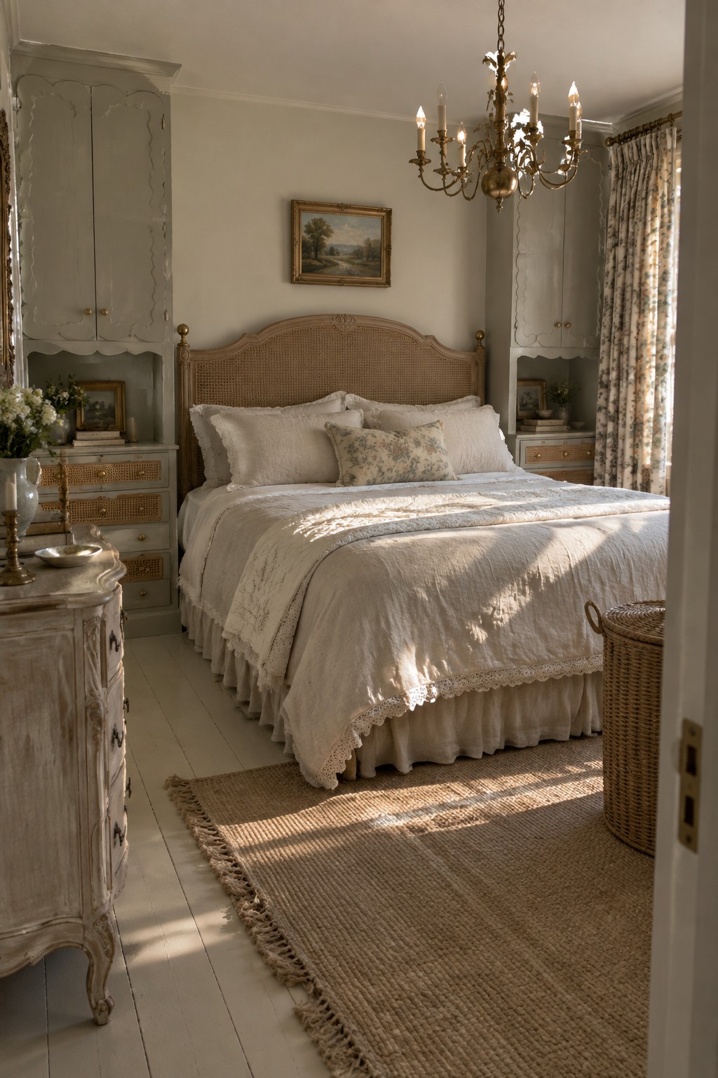 A bedroom with a bed featuring a woven cane headboard, white linens, built-in gray cabinets with textured lower panels, a jute rug, and a brass chandelier overhead.