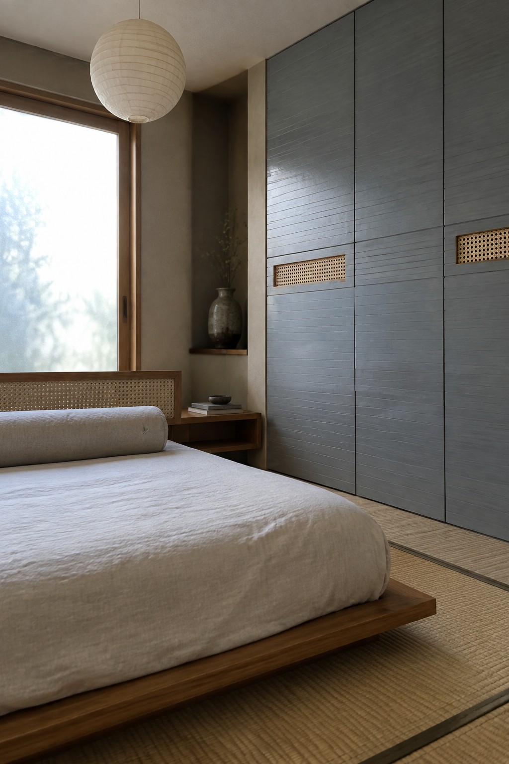 A bedroom with a low wooden platform bed with cane headboard, a tall gray wardrobe featuring woven cane inserts on the doors, and tatami mat flooring.