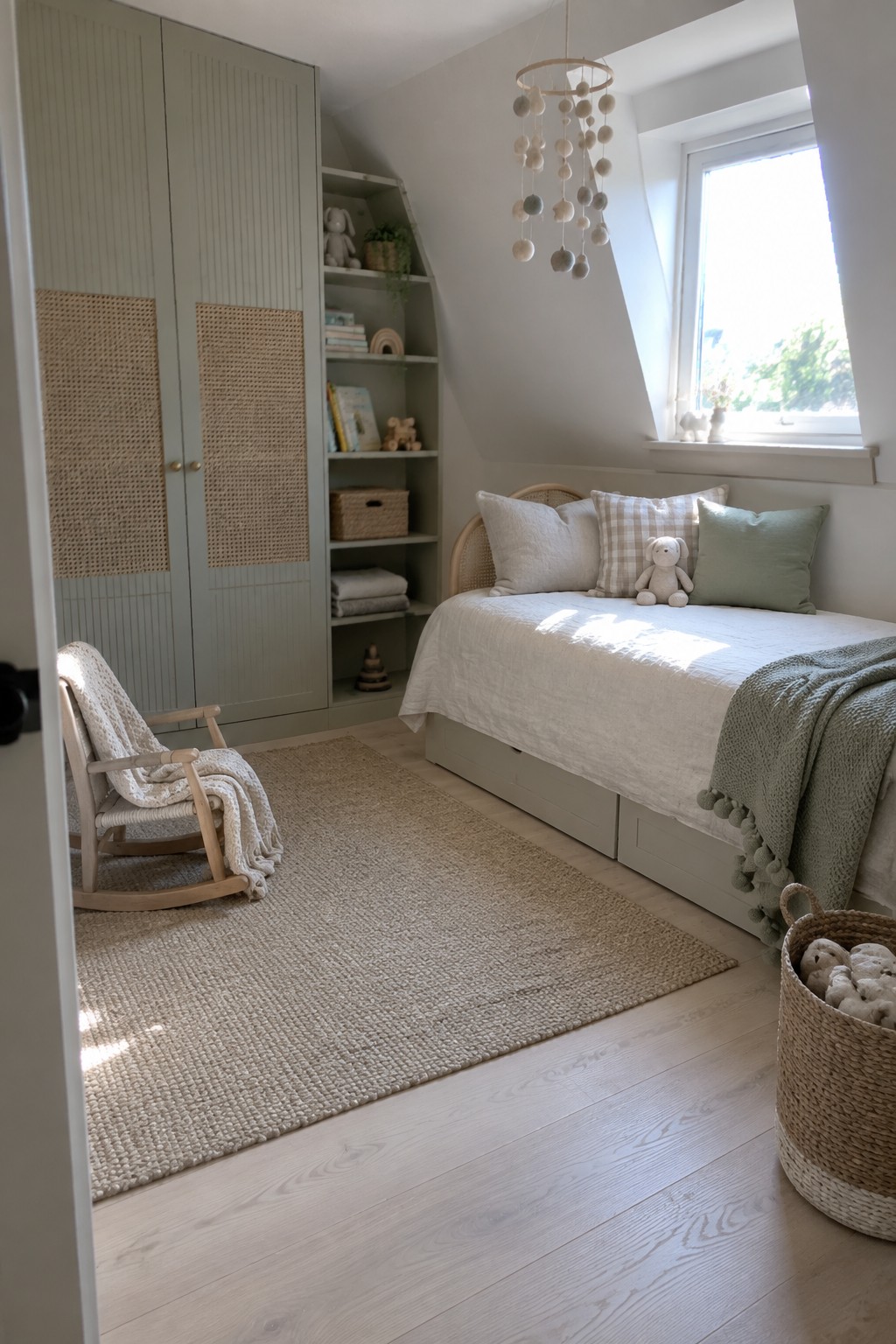 A bedroom with sage green cabinets featuring woven cane panels on the doors, a daybed with pillows, a rocking chair, and light wood flooring.