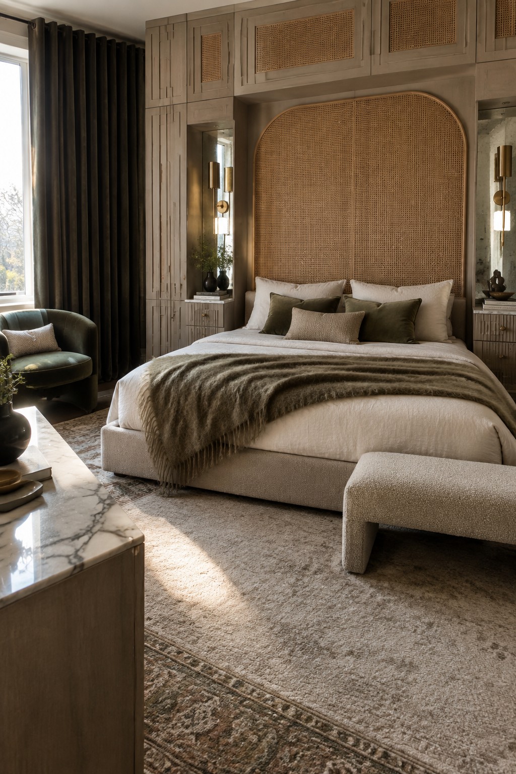 A bedroom with a large bed, woven cane headboard, and built-in wall cabinets featuring cane panel inserts above the bedside areas.
