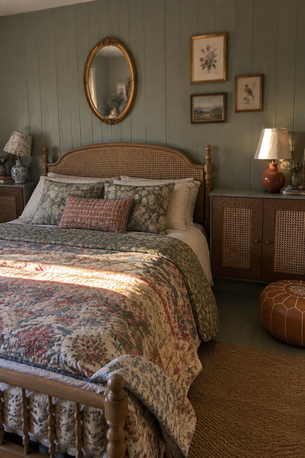 A bedroom featuring a wooden bed with a cane headboard, floral bedding, and wooden nightstands with woven cane door panels.