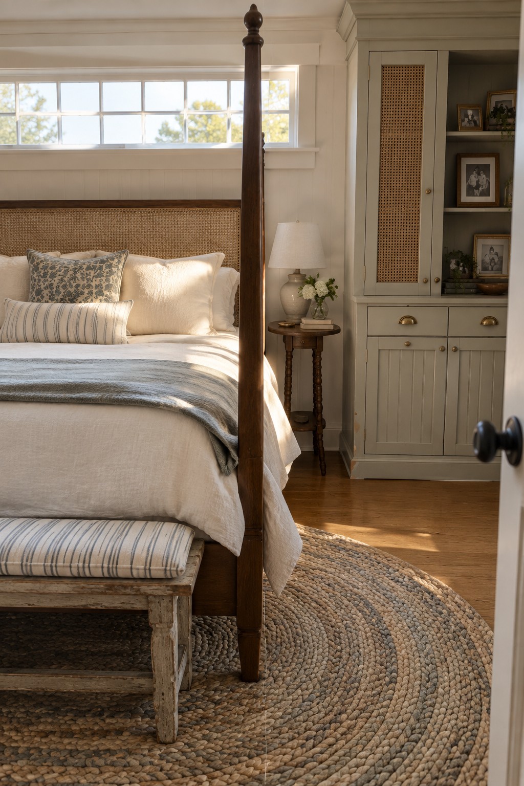 Sunlit bedroom with four-poster bed, white linens, striped bench, and sage cabinet.