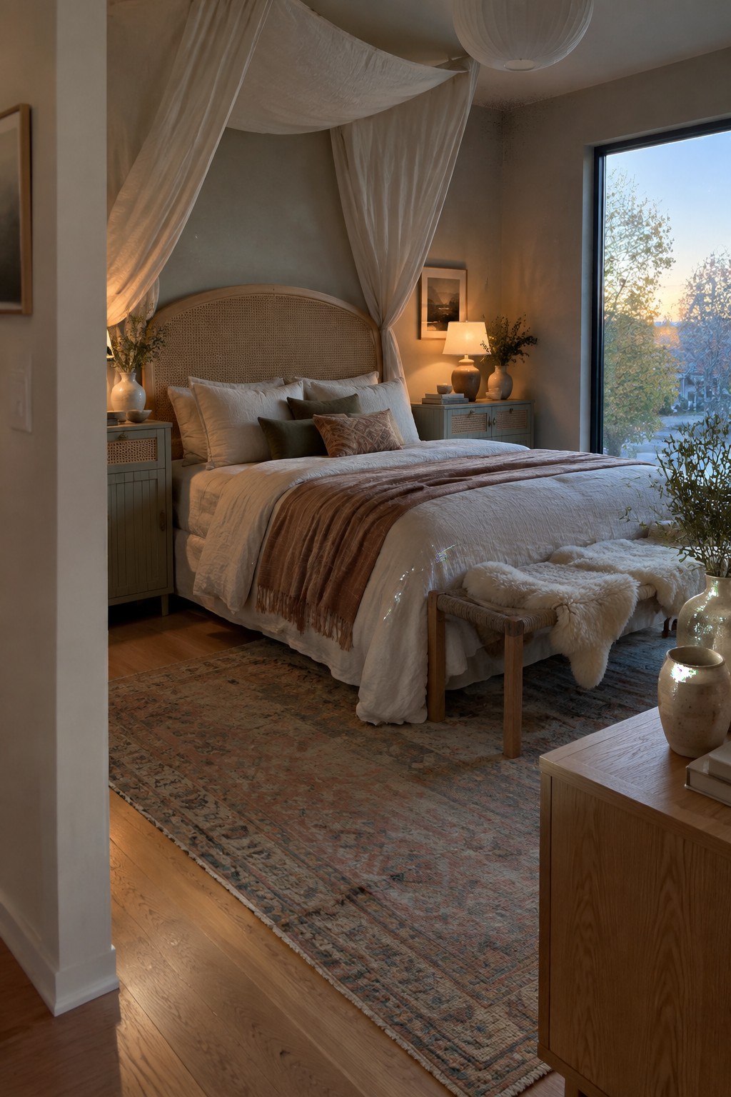 Cozy bedroom with canopy bed, white linens, brown throw, and patterned rug