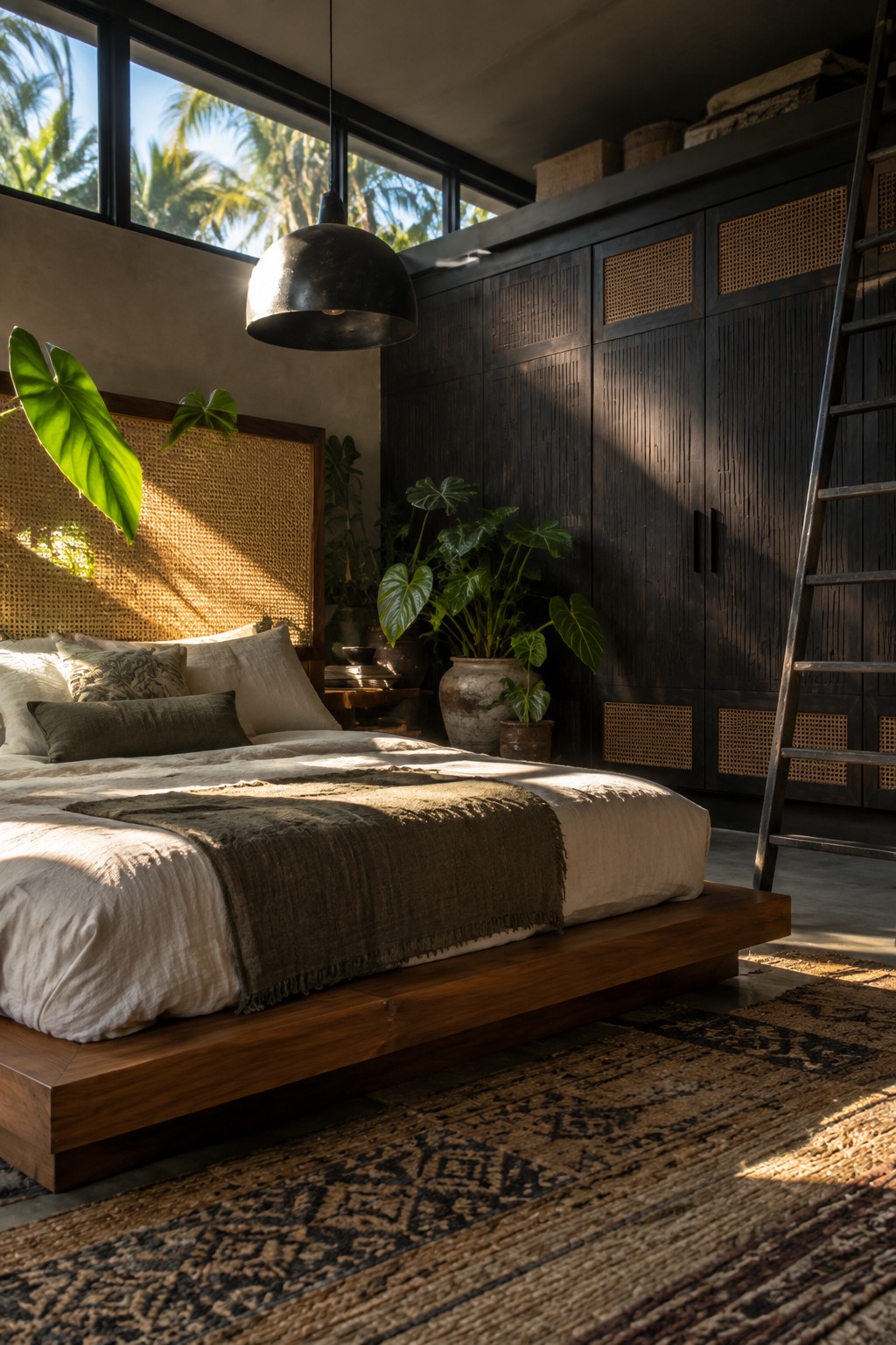 A bedroom featuring a tall dark wood wardrobe with multiple cane woven door panels, a low wooden platform bed with white linens and a green throw, large windows, and potted plants.