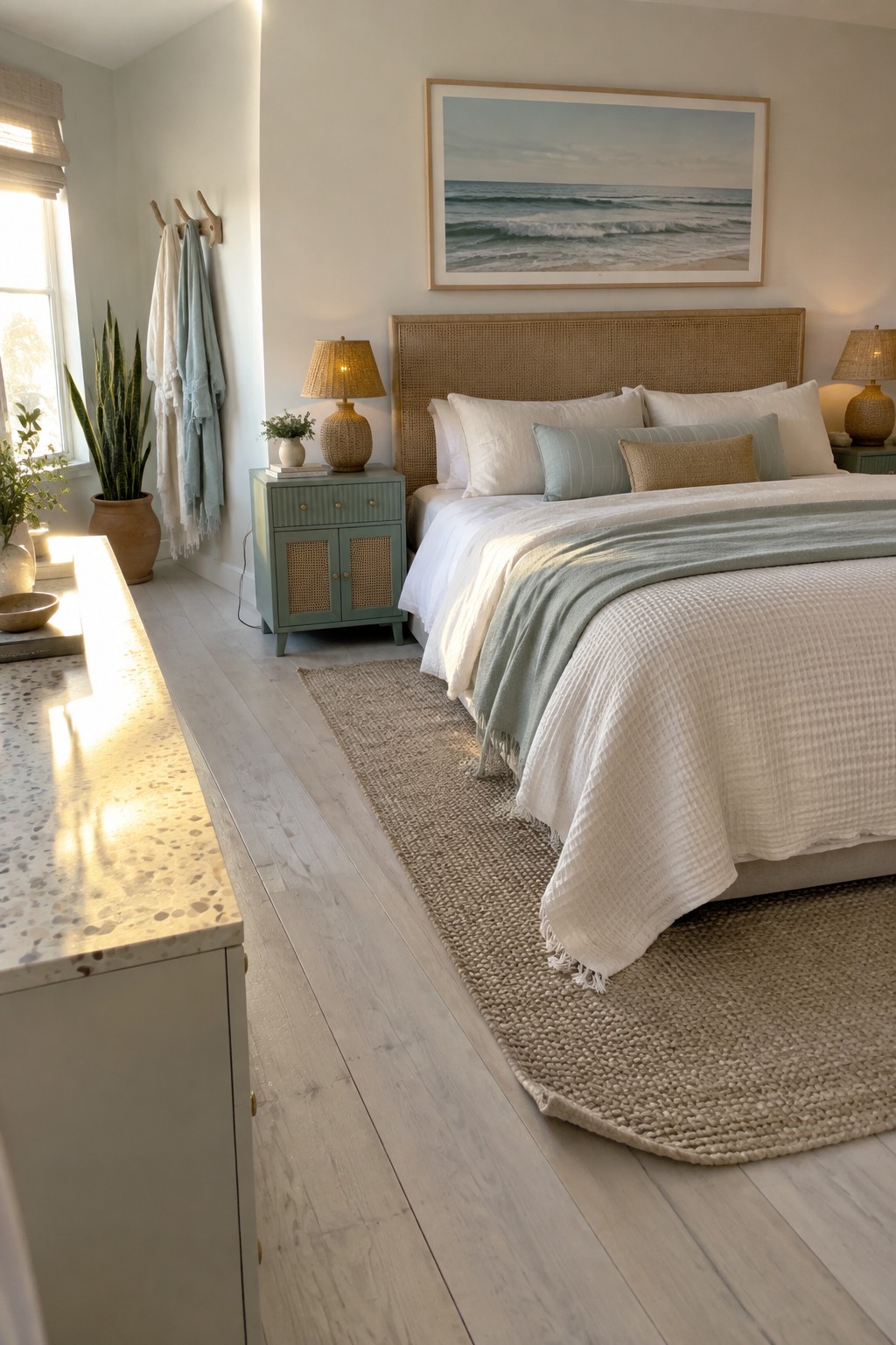A bedroom with a woven cane headboard bed dressed in white and soft green bedding, a sage green nightstand with cane door panels, and a large framed ocean print above the bed.