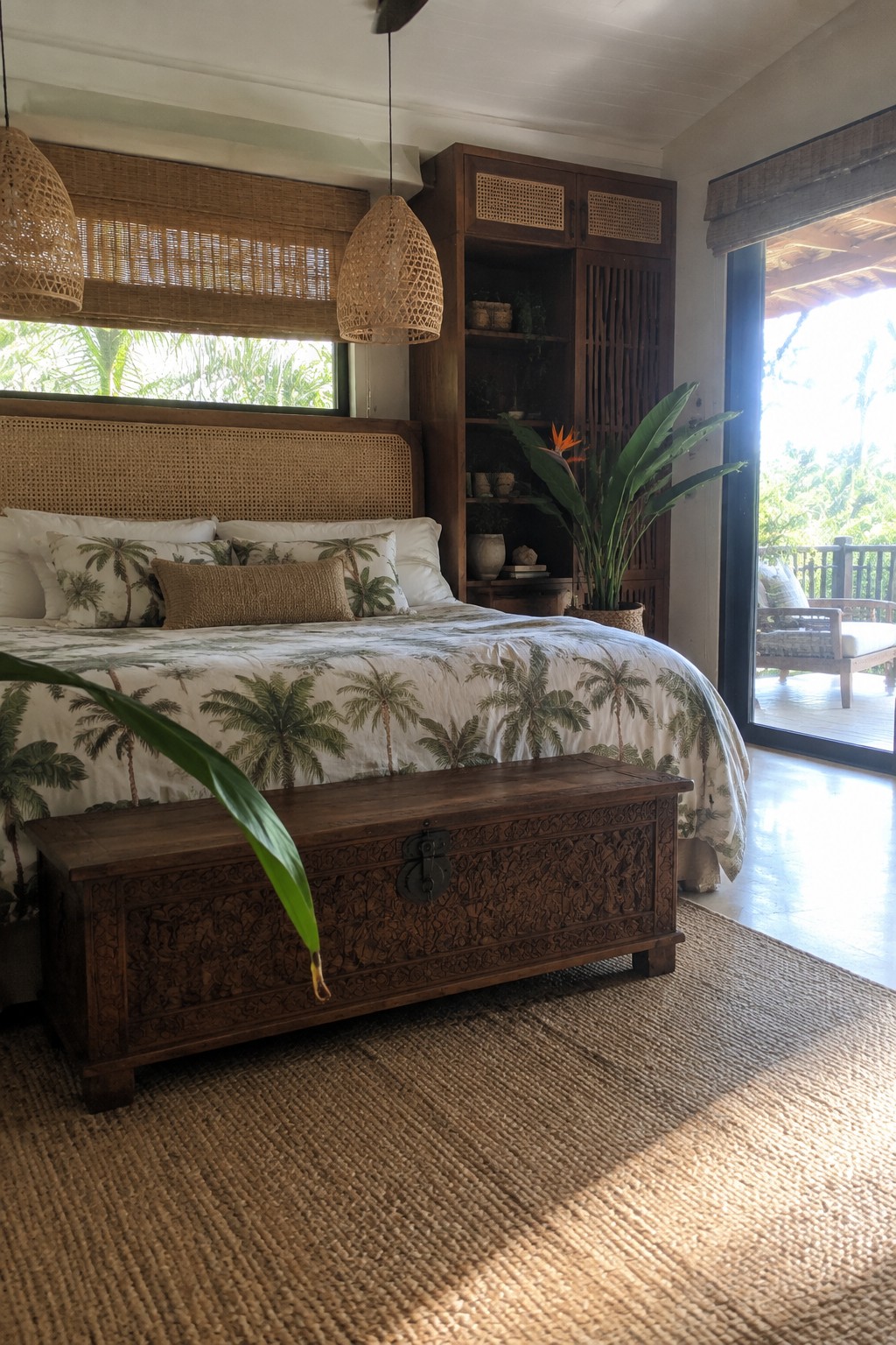 A bedroom with a tall dark wood cabinet featuring cane panel doors positioned next to a bed with a rattan headboard and palm print bedding.