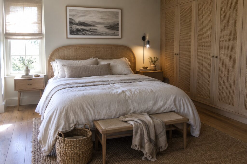 19 Cane Bedroom Furniture Ideas With Textured Cabinet Details A bedroom with a tall light wood wardrobe featuring woven cane door panels positioned next to a bed with white linens and a woven headboard.