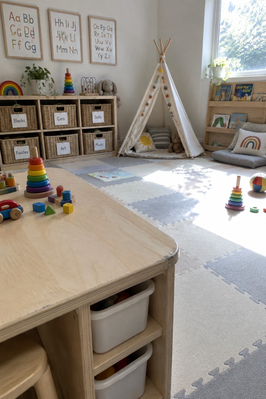 A light plywood play table with white storage bins underneath sits in a children's playroom filled with toys, a teepee, and alphabet wall art.