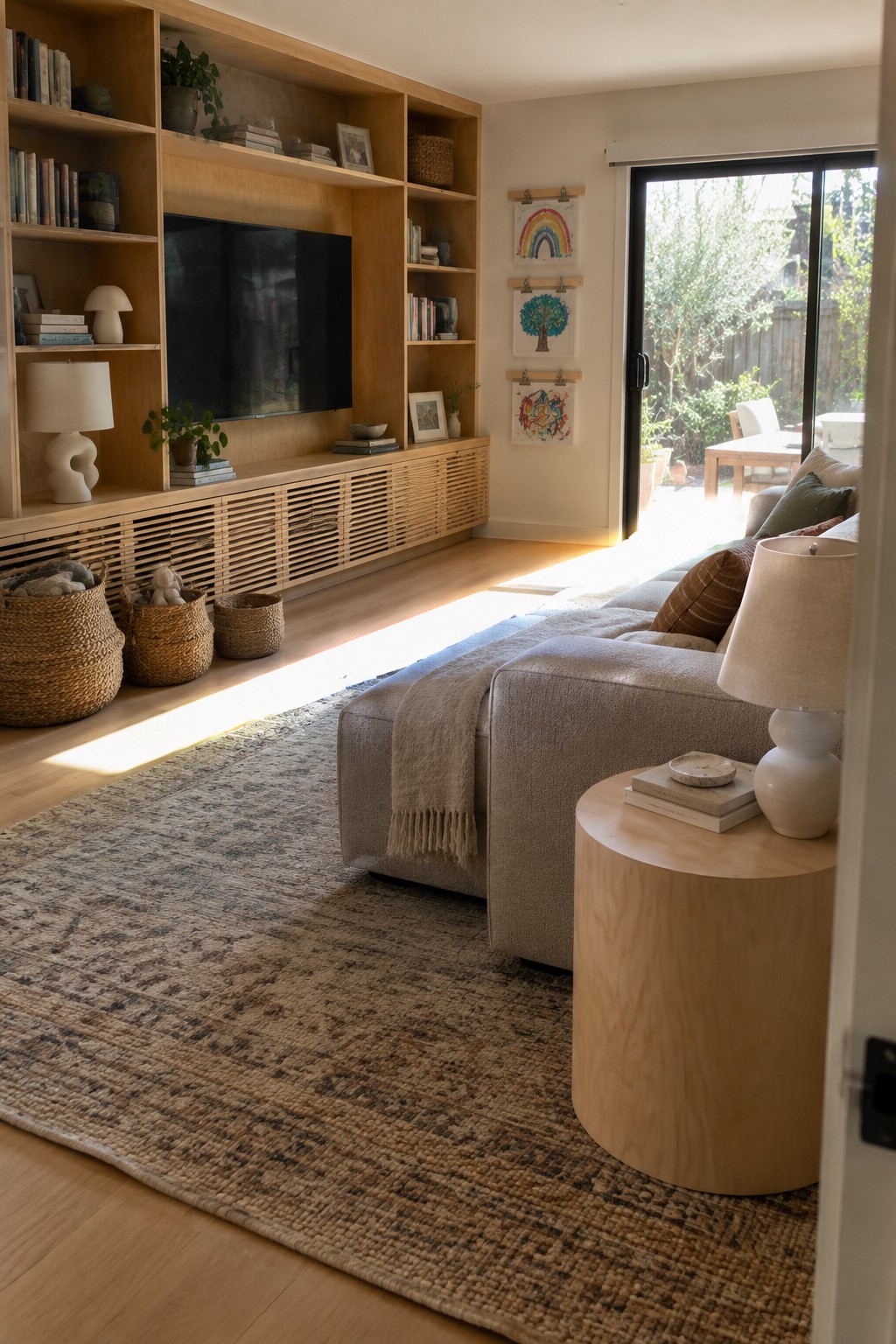 A living room with a large light wood plywood built-in entertainment center holding a television, books, and decor, positioned above slatted lower cabinets next to a gray sectional sofa.