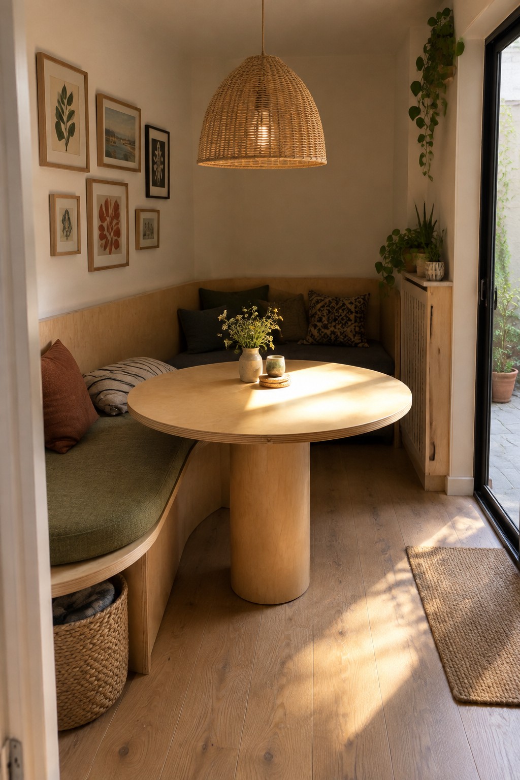 A small interior room with built-in curved plywood bench seating, green cushions, a round plywood pedestal table, framed wall art, and a woven pendant light.