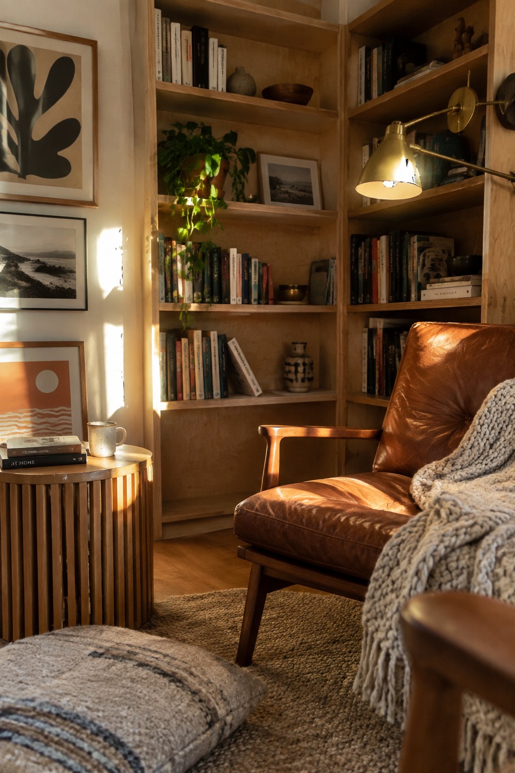 A cozy interior corner with a large built-in wooden bookshelf stocked with books and a hanging plant, next to a brown leather armchair under a lit wall lamp.